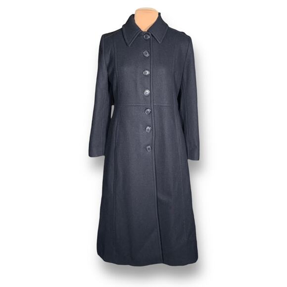 Vintage 90s Herman Kay Wool Blend Long Coat Navy Blue Size 6 Elegant Tailored - Picture 1 of 13